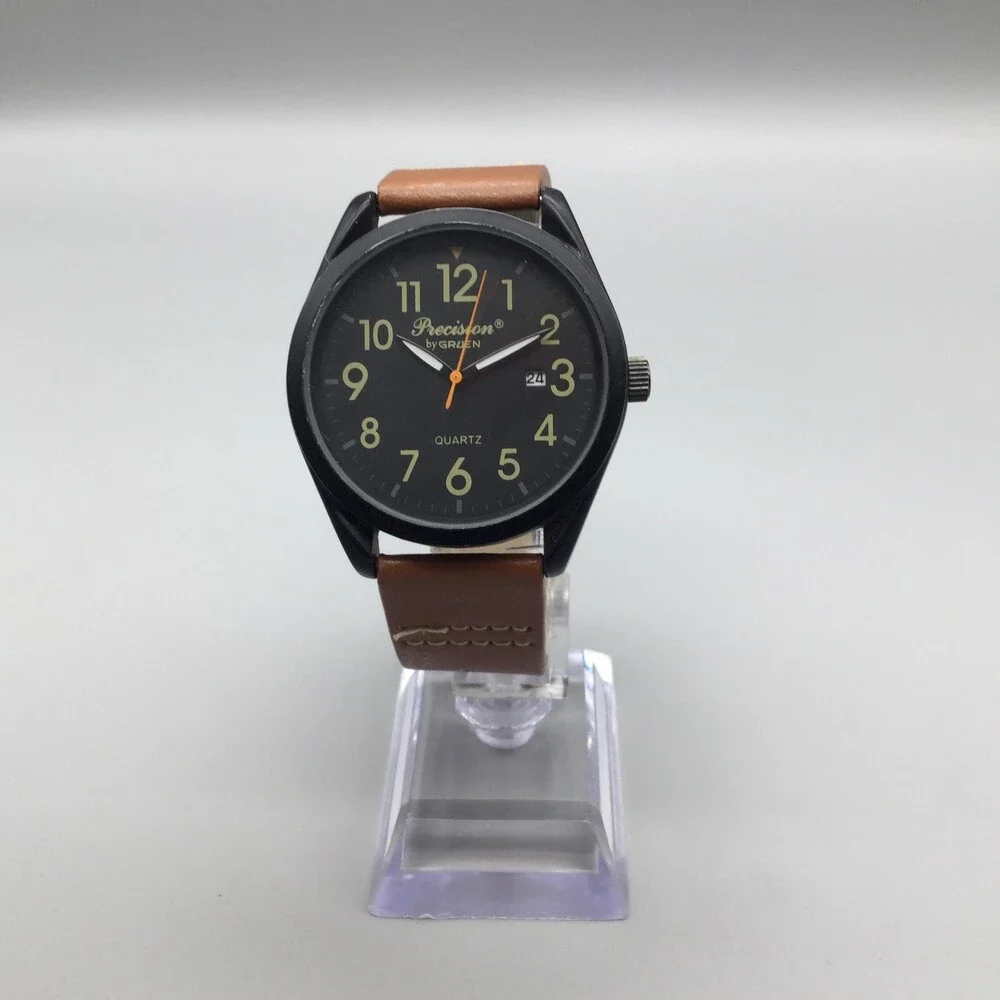 Gruen Precision Mens Watch 41mm Black Dial Brown Band New Battery